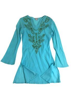 PURA VIDA Turquoise Embroidered Sequin Tunic Top L Boho Festival India Cotton